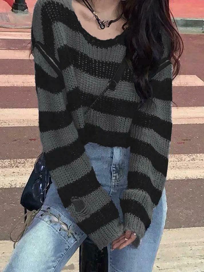 Coquette Aesthetic Oversize Stripe Knit Sweater with Removable Sleeves