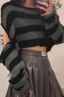 Coquette Aesthetic Oversize Stripe Knit Sweater with Removable Sleeves