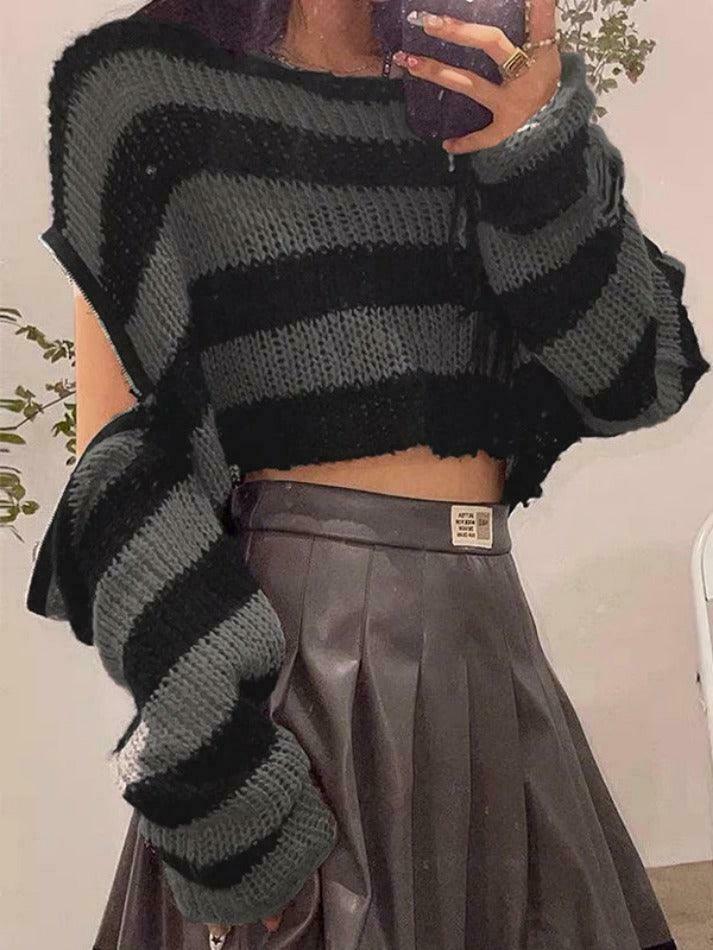 Coquette Aesthetic Oversize Stripe Knit Sweater with Removable Sleeves