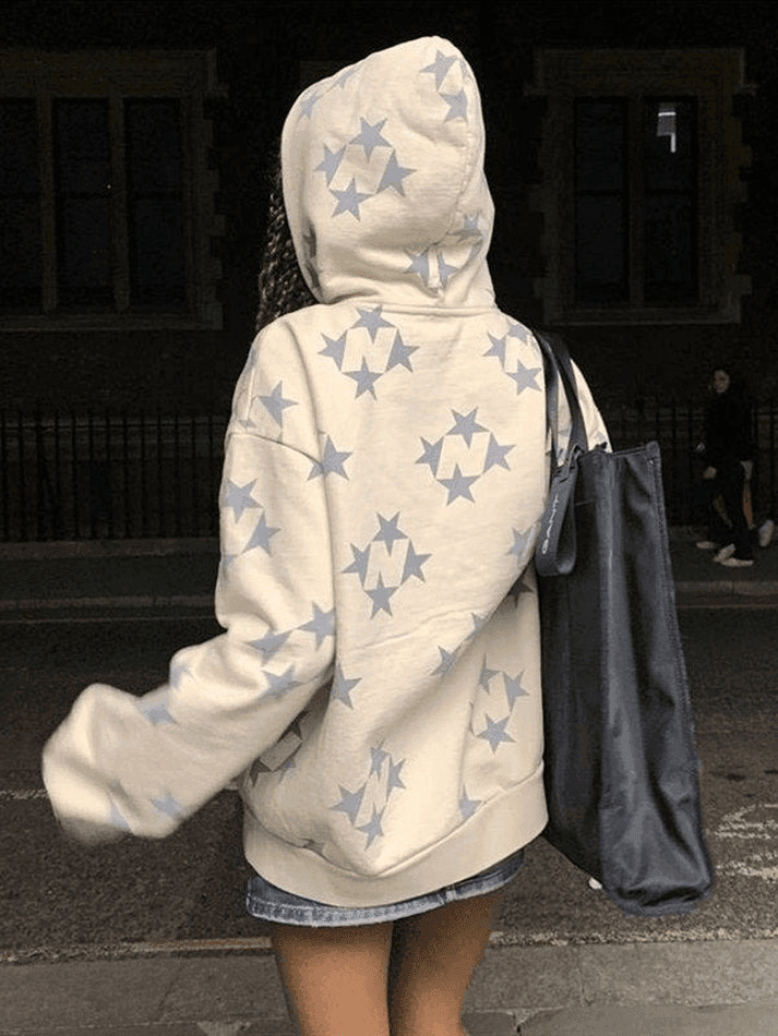 Coquette Aesthetic Oversized Star Print Zip Up Hoodie