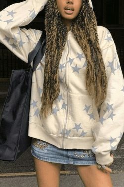 Coquette Aesthetic Oversized Star Print Zip Up Hoodie