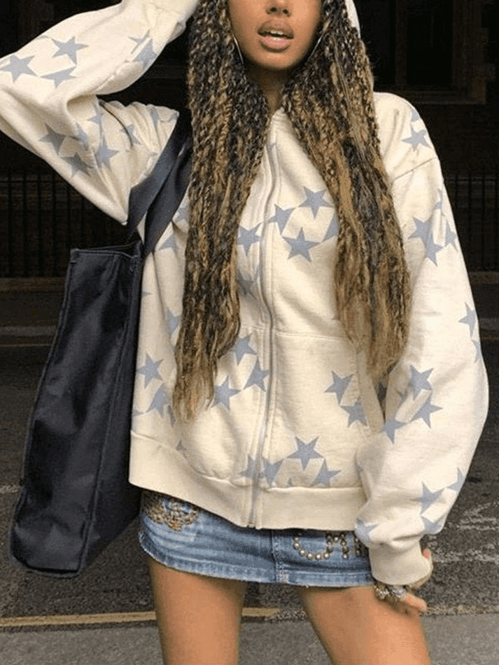 Coquette Aesthetic Oversized Star Print Zip Up Hoodie