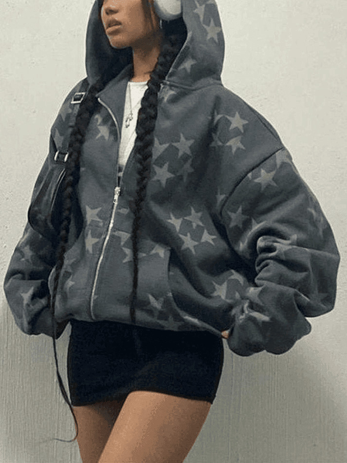 Coquette Aesthetic Oversized Star Print Zip Up Hoodie
