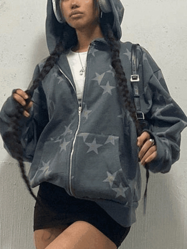 Coquette Aesthetic Oversized Star Print Zip Up Hoodie