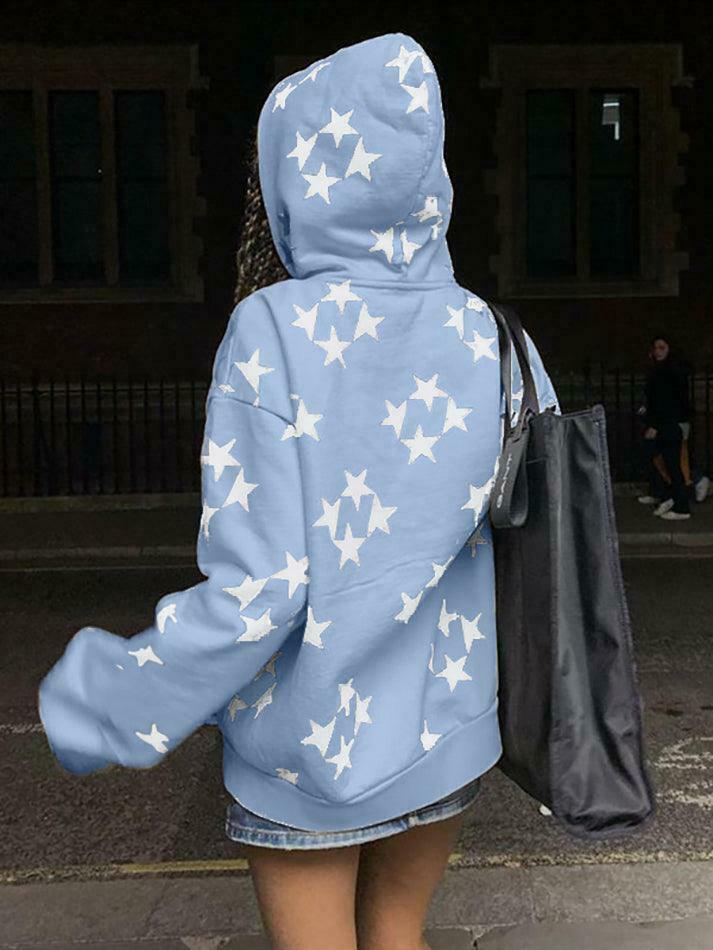 Coquette Aesthetic Oversized Star Print Zip Up Hoodie
