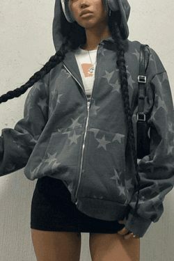 Coquette Aesthetic Oversized Star Print Zip Up Hoodie