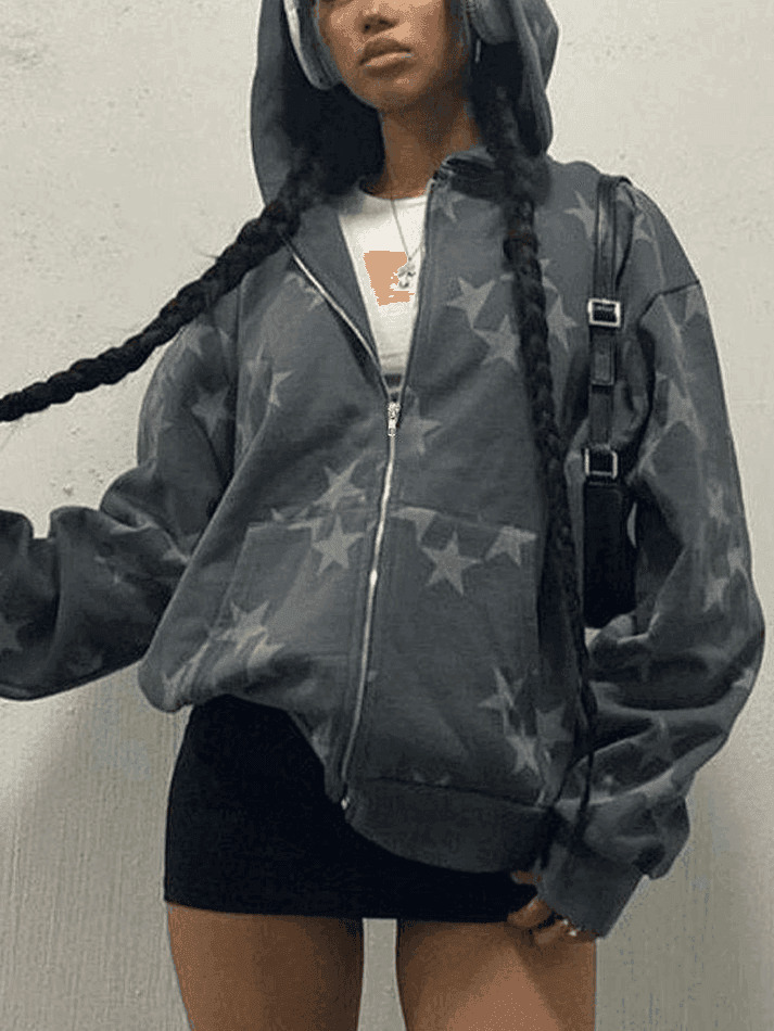 Coquette Aesthetic Oversized Star Print Zip Up Hoodie