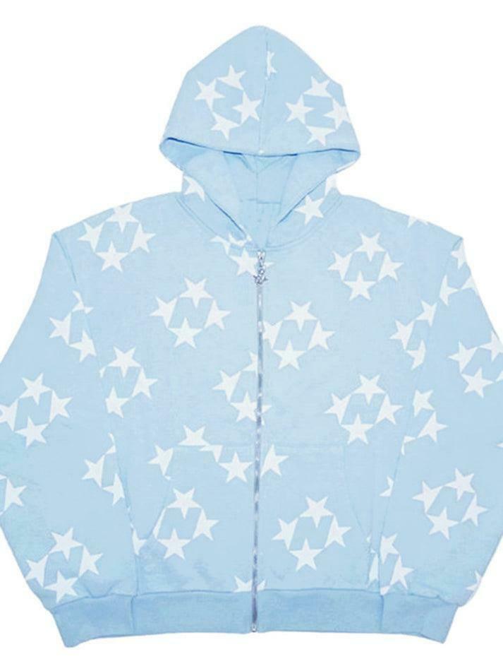 Coquette Aesthetic Oversized Star Print Zip Up Hoodie