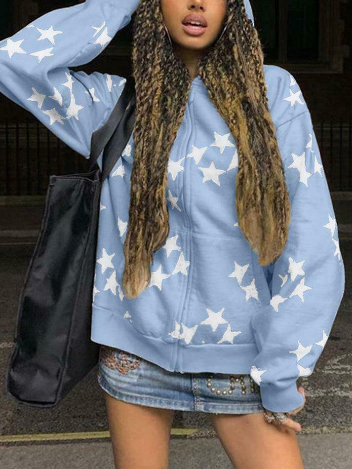 Coquette Aesthetic Oversized Star Print Zip Up Hoodie