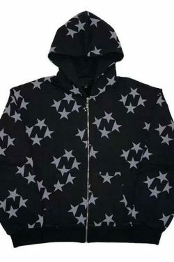 Coquette Aesthetic Oversized Star Print Zip Up Hoodie