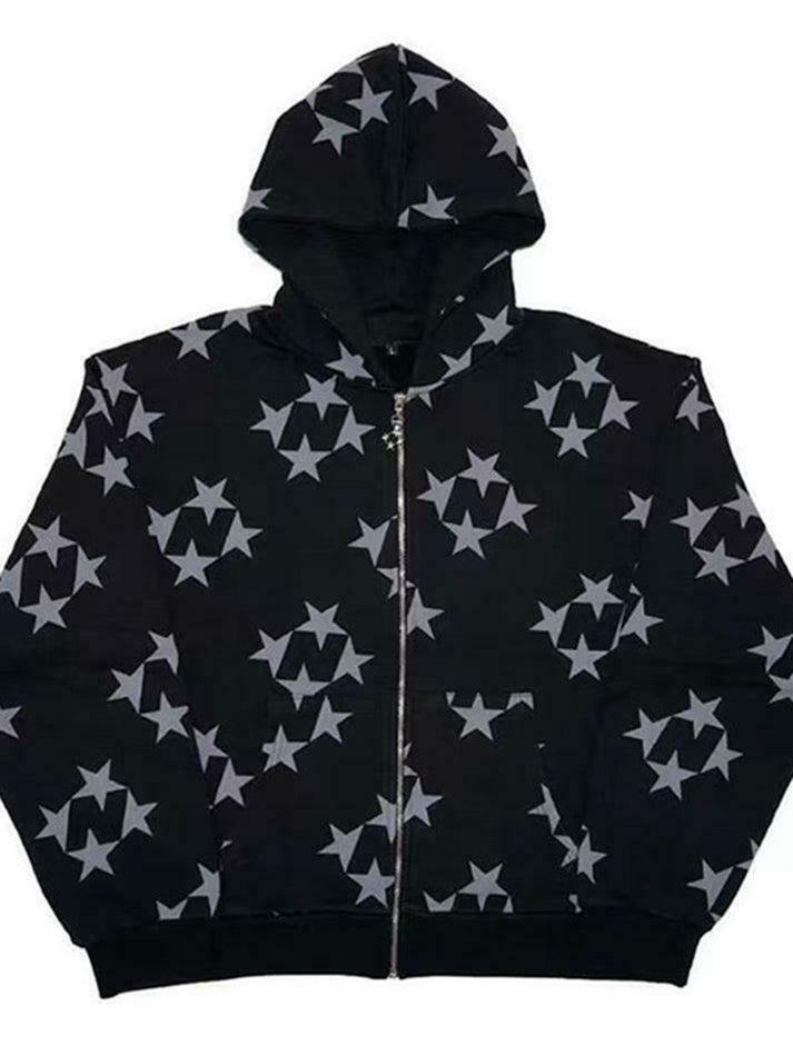 Coquette Aesthetic Oversized Star Print Zip Up Hoodie