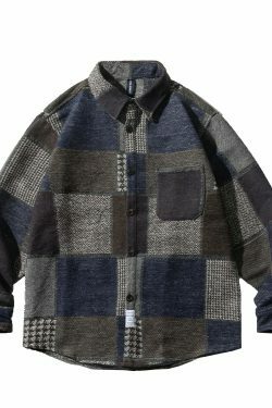 Coquette Aesthetic Patchwork Overshirt: Y2K Fashion with Grunge Style, Cute Tops, Pastel Goth