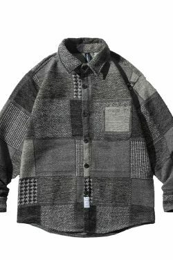 Coquette Aesthetic Patchwork Overshirt: Y2K Fashion with Grunge Style, Cute Tops, Pastel Goth