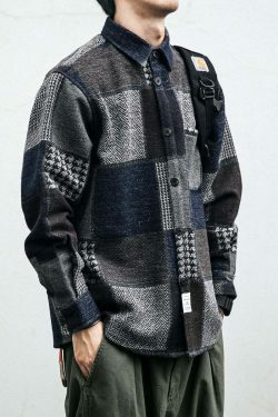 Coquette Aesthetic Patchwork Overshirt: Y2K Fashion with Grunge Style, Cute Tops, Pastel Goth