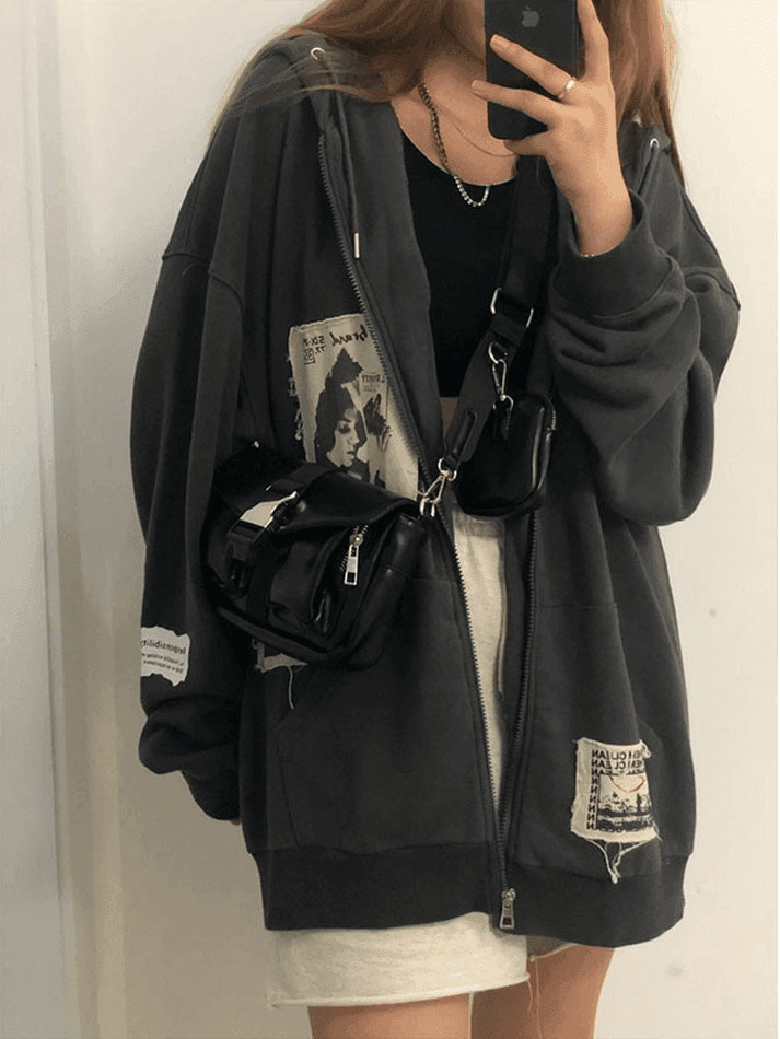 Coquette Aesthetic Patchwork Oversized Zip Up Hoodie