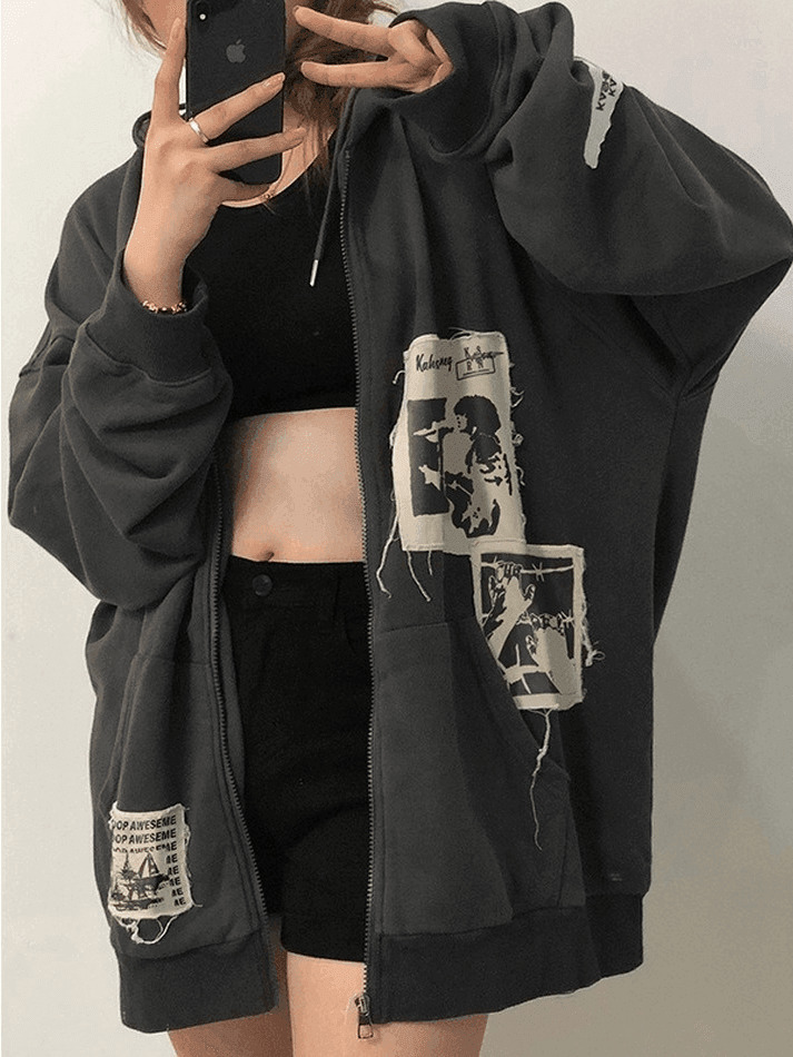 Coquette Aesthetic Patchwork Oversized Zip Up Hoodie