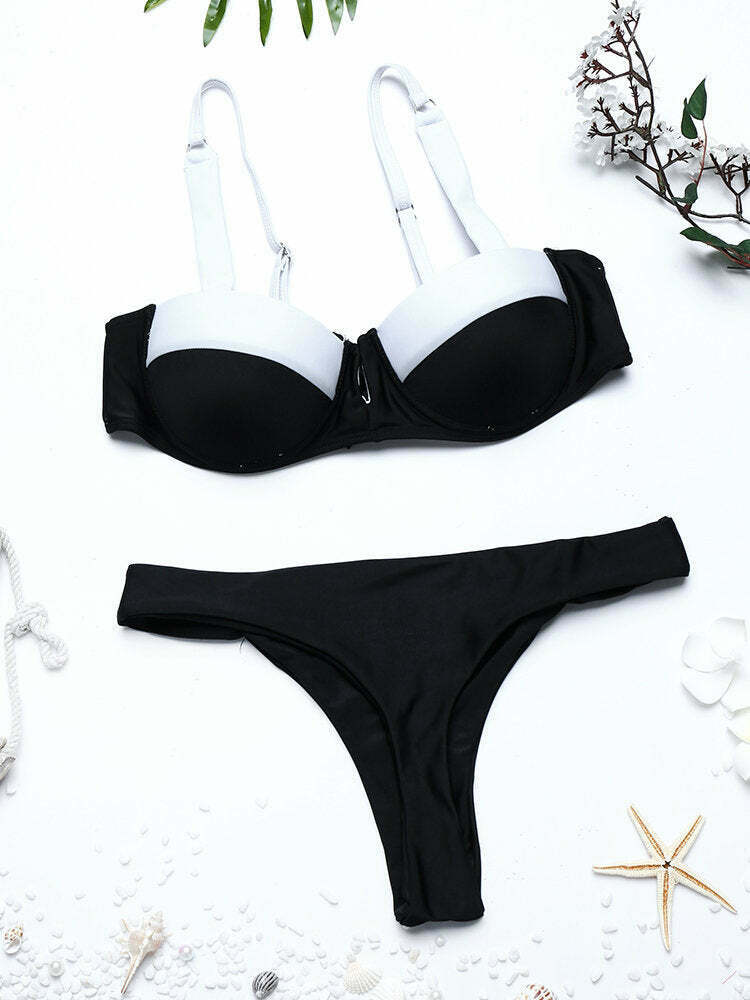 Coquette Aesthetic Patchwork Thong Ruffled Bikini - Y2K Fashion Swimwear