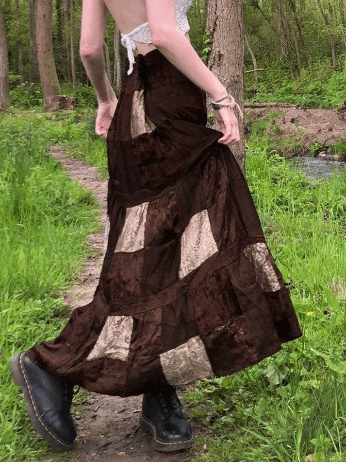 Coquette Aesthetic Patchwork Velvet Maxi Skirt - Y2K Fashion Statement Piece