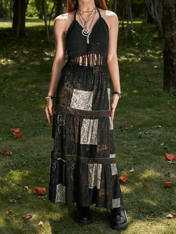 Coquette Aesthetic Patchwork Velvet Maxi Skirt - Y2K Fashion Statement Piece