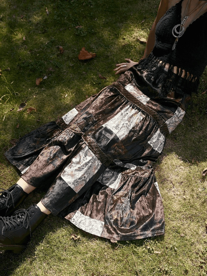Coquette Aesthetic Patchwork Velvet Maxi Skirt - Y2K Fashion Statement Piece