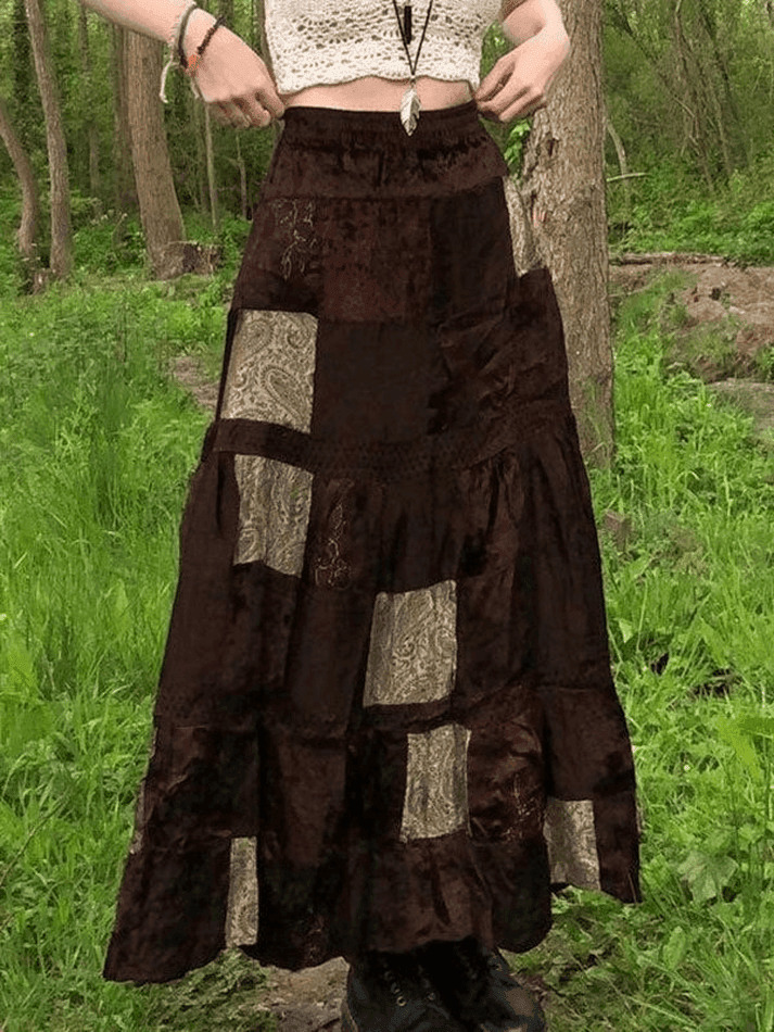 Coquette Aesthetic Patchwork Velvet Maxi Skirt - Y2K Fashion Statement Piece