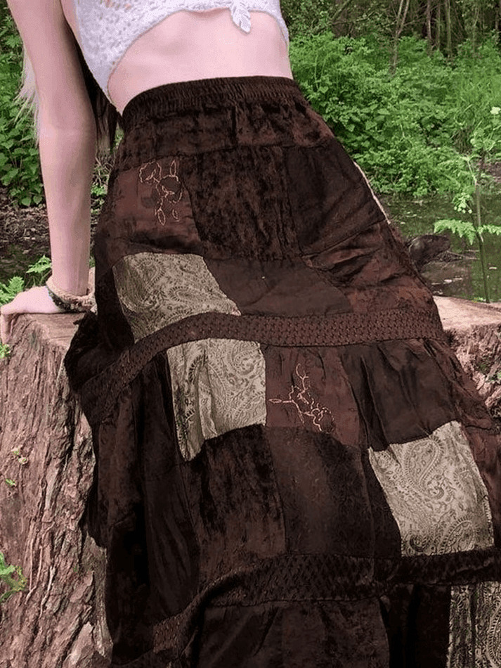 Coquette Aesthetic Patchwork Velvet Maxi Skirt - Y2K Fashion Statement Piece