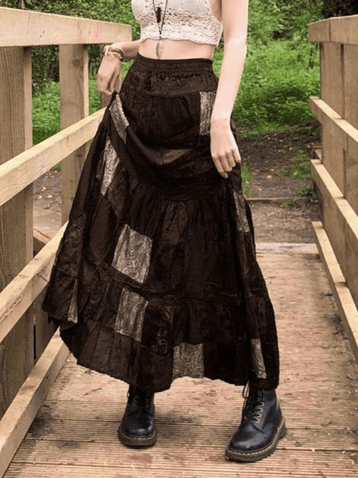 Coquette Aesthetic Patchwork Velvet Maxi Skirt - Y2K Fashion Statement Piece