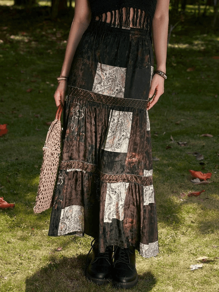 Coquette Aesthetic Patchwork Velvet Maxi Skirt - Y2K Fashion Statement Piece