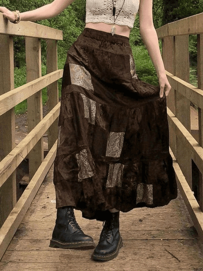 Coquette Aesthetic Patchwork Velvet Maxi Skirt - Y2K Fashion Statement Piece