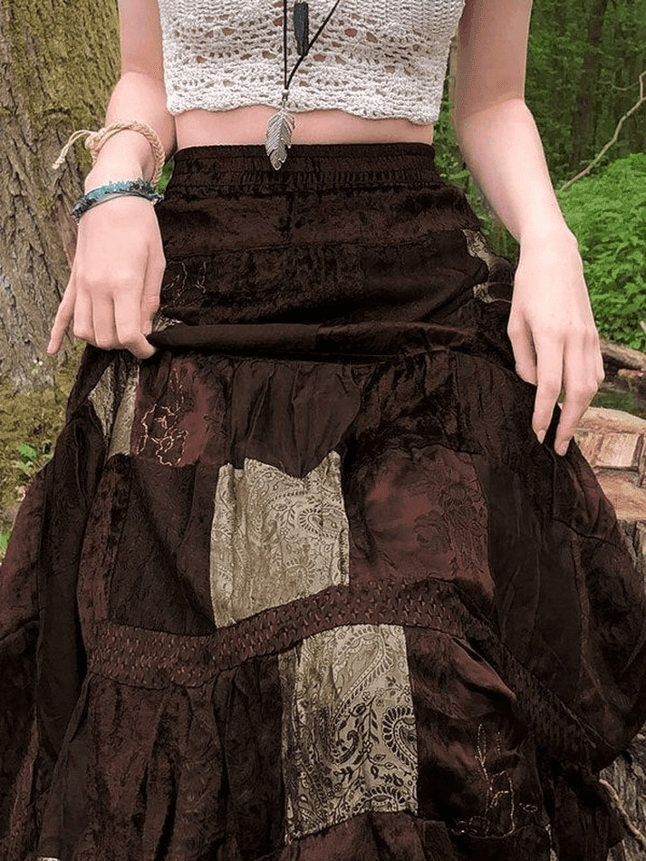 Coquette Aesthetic Patchwork Velvet Maxi Skirt - Y2K Fashion Statement Piece