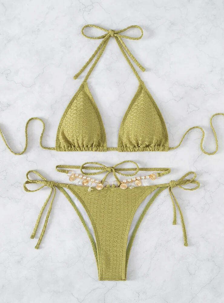Coquette Aesthetic Pearl Crystal Pendant Bikini - Y2K Fashion Statement Piece