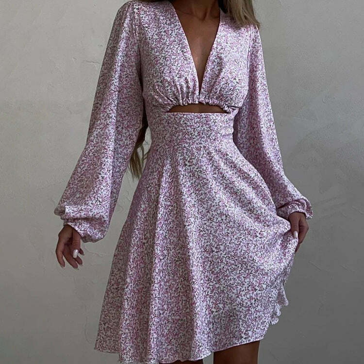 Coquette Aesthetic Pink V-Neck Dress for Women - Y2K Fashion Long-Sleeved Outfit