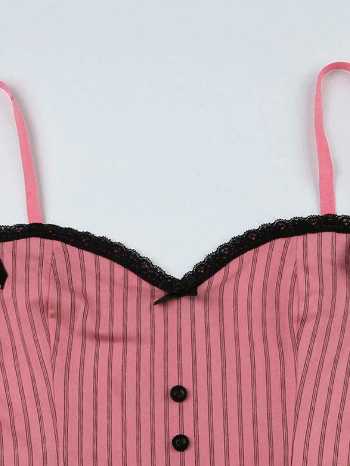 Coquette Aesthetic Pinstripe Cami with Lace Trim - Y2K Fashion Statement