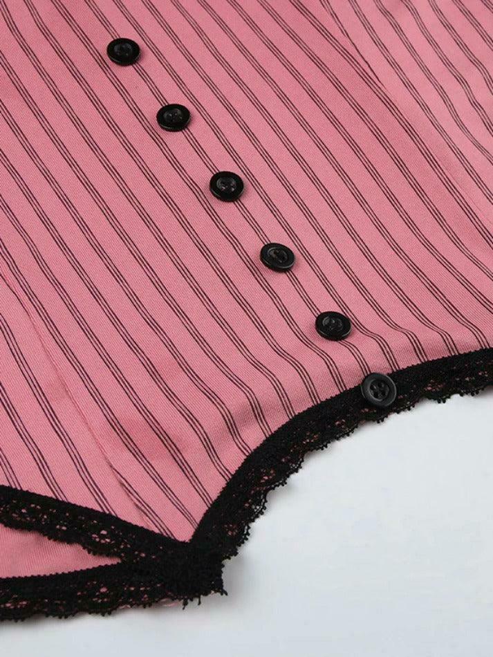 Coquette Aesthetic Pinstripe Cami with Lace Trim - Y2K Fashion Statement