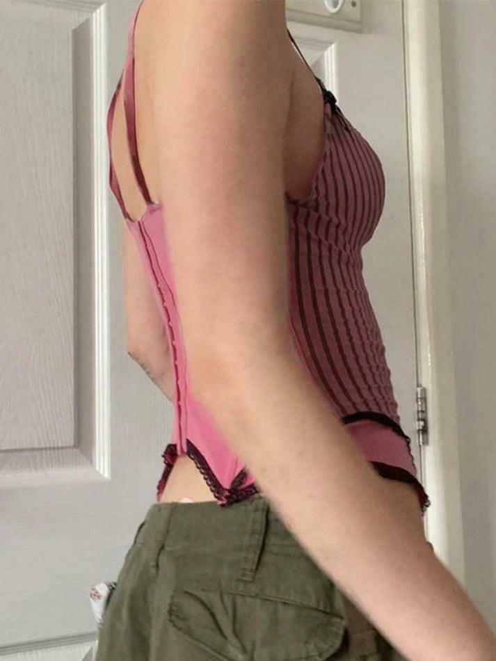 Coquette Aesthetic Pinstripe Cami with Lace Trim - Y2K Fashion Statement