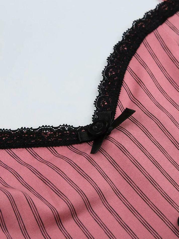 Coquette Aesthetic Pinstripe Cami with Lace Trim - Y2K Fashion Statement