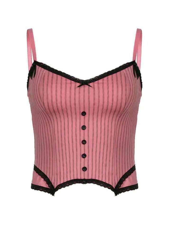 Coquette Aesthetic Pinstripe Cami with Lace Trim - Y2K Fashion Statement
