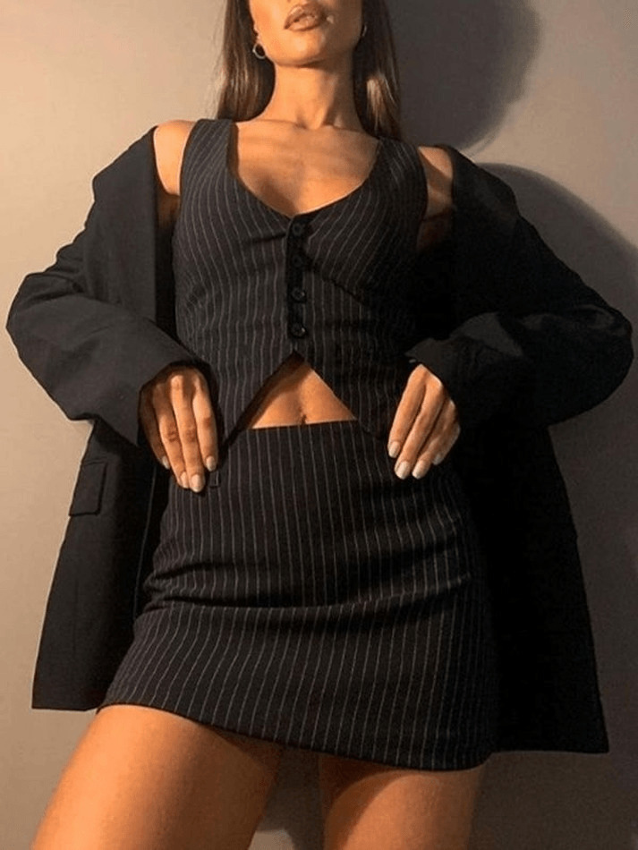 Coquette Aesthetic Pinstripe Detail Two Piece Set - Y2K Fashion Women's Outfit