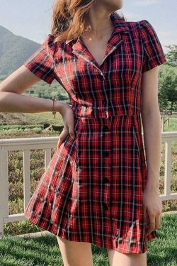 Coquette Aesthetic Plaid Dress - Y2K Fashion Outfit with Grunge Style and Pastel Goth Vibes