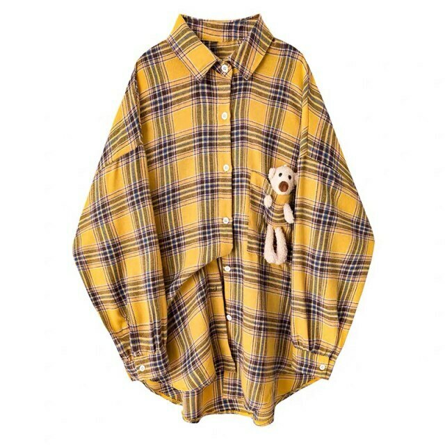 Coquette Aesthetic Plaid Shirt with Bear Detail - Y2K Fashion Statement