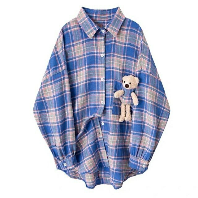 Coquette Aesthetic Plaid Shirt with Bear Detail - Y2K Fashion Statement
