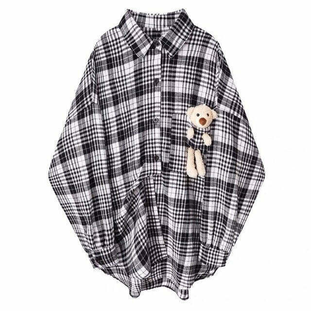 Coquette Aesthetic Plaid Shirt with Bear Detail - Y2K Fashion Statement