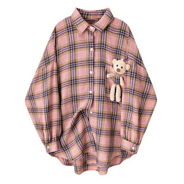 Coquette Aesthetic Plaid Shirt with Bear Detail - Y2K Fashion Statement