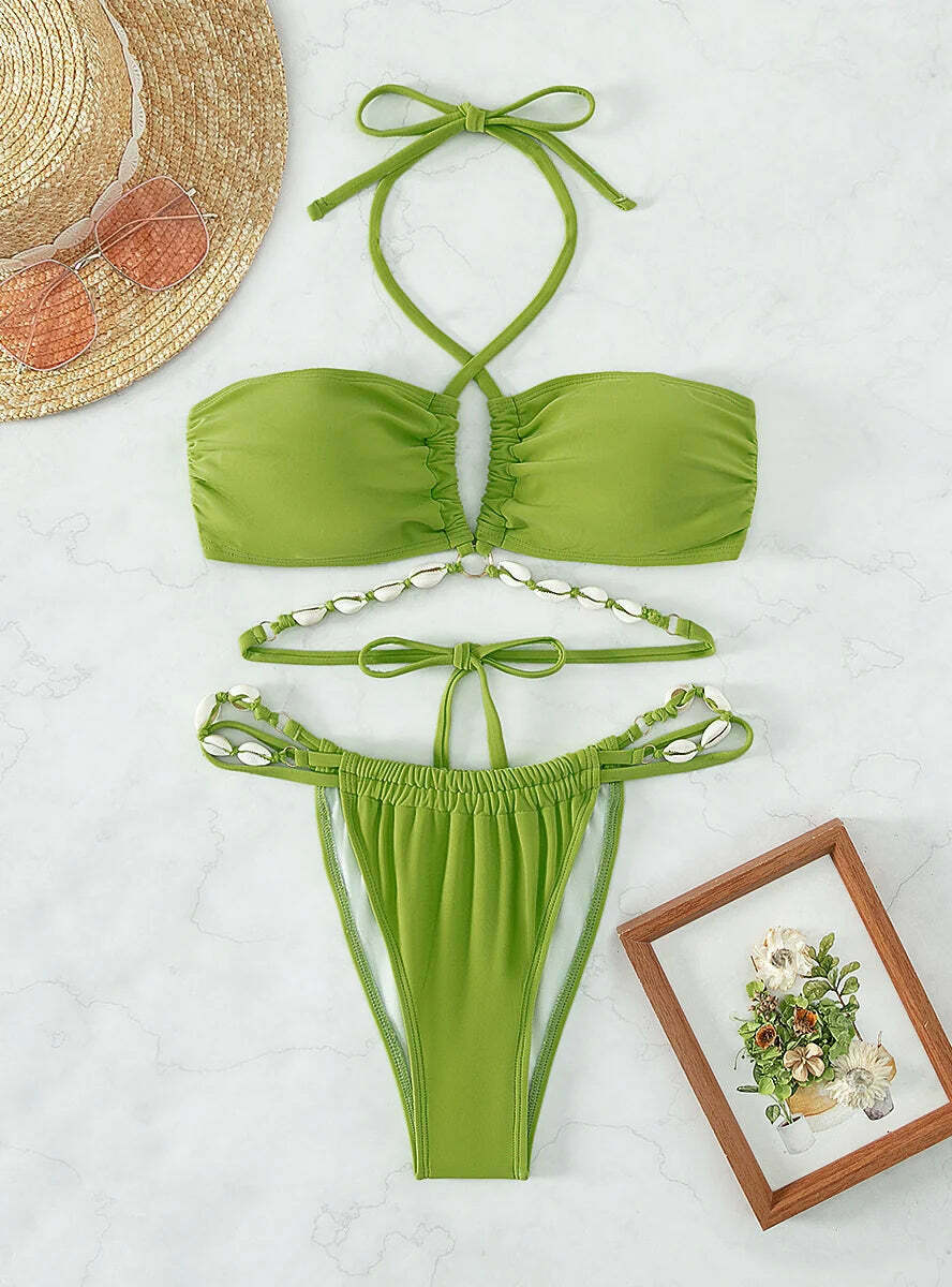 Coquette Aesthetic Pleated Beach Bikini - Y2K Fashion Halter Top