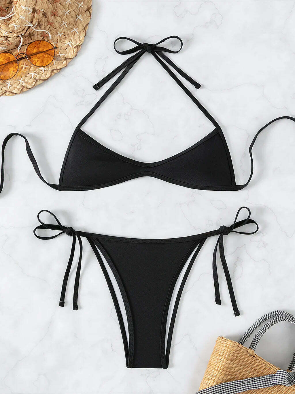 Coquette Aesthetic Pleated Beach Bikini - Y2K Fashion Halter Top