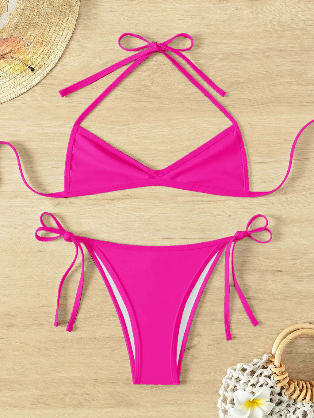 Coquette Aesthetic Pleated Beach Bikini - Y2K Fashion Halter Top