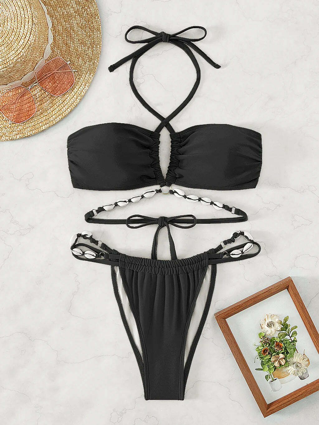 Coquette Aesthetic Pleated Beach Bikini - Y2K Fashion Halter Top