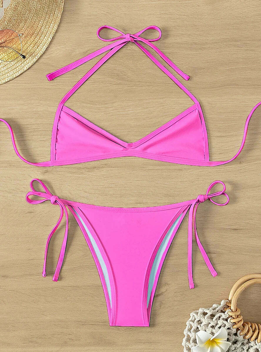 Coquette Aesthetic Pleated Beach Bikini - Y2K Fashion Halter Top