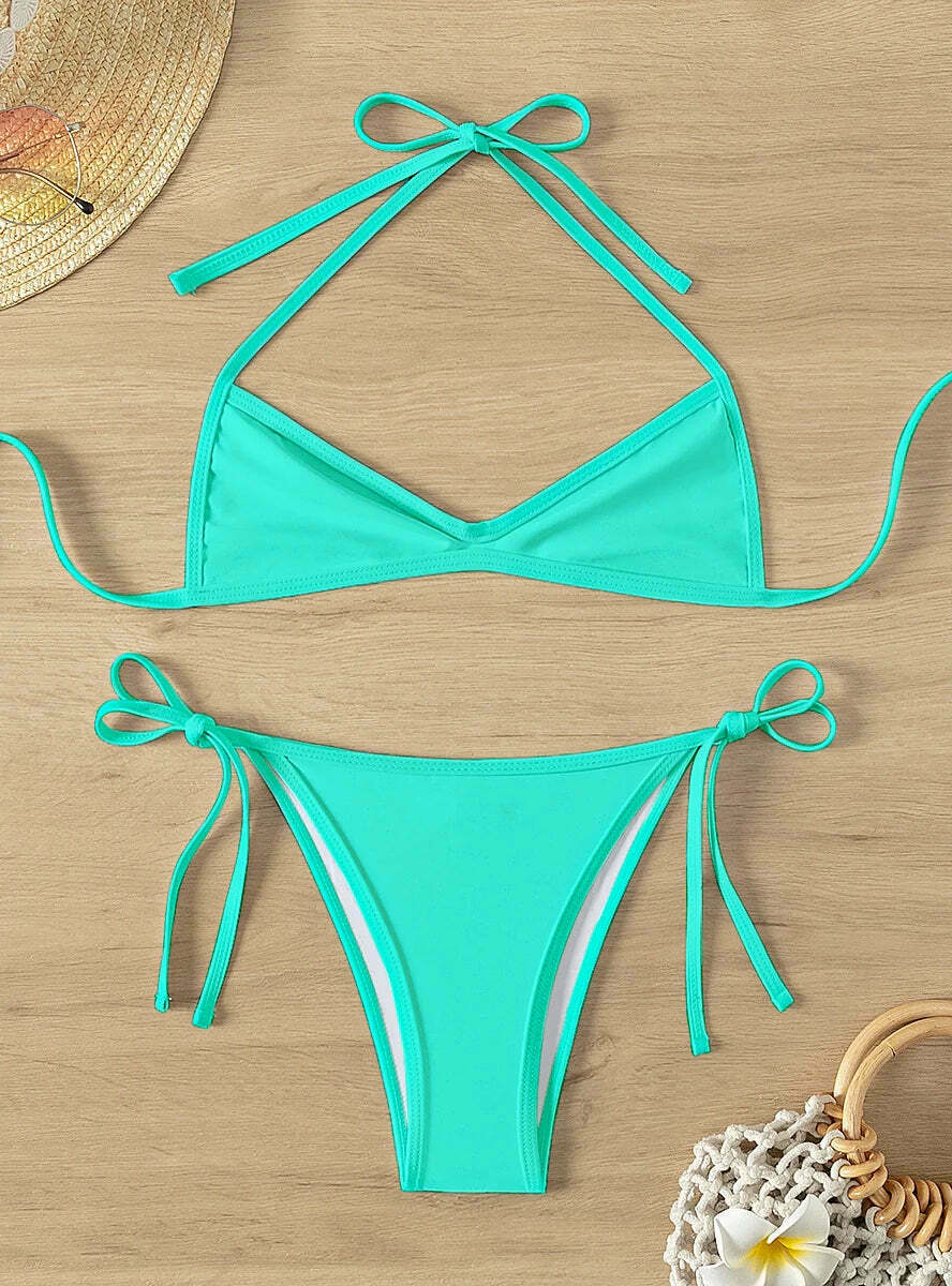 Coquette Aesthetic Pleated Beach Bikini - Y2K Fashion Halter Top