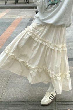 Coquette Aesthetic Pleated Elastic Waist Fungus Splice Tiered Midi Skirt